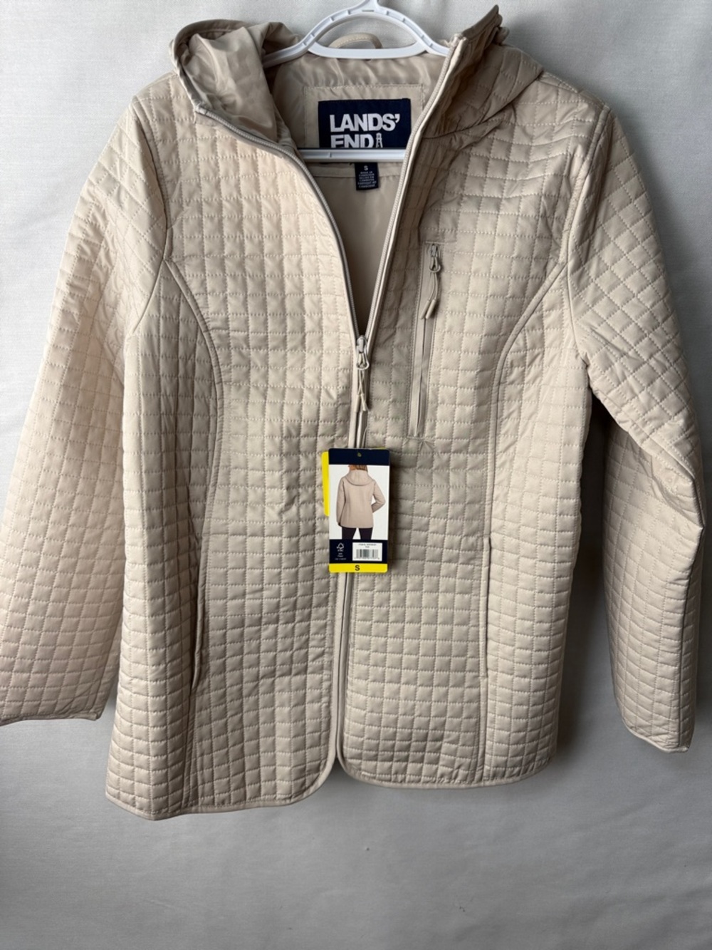Lands' End Quilted Hooded Puffer Jacket in Light Beige